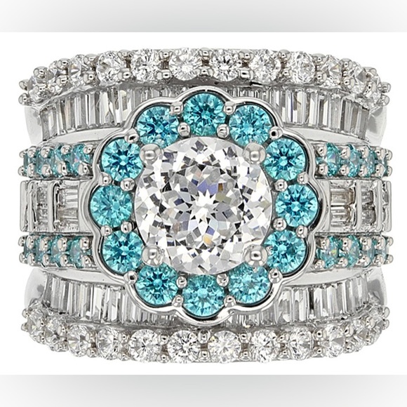 Silver Cocktail Ring Engagement Ring Round CZ Center with Halo, White & Blue CZ - Picture 2 of 16